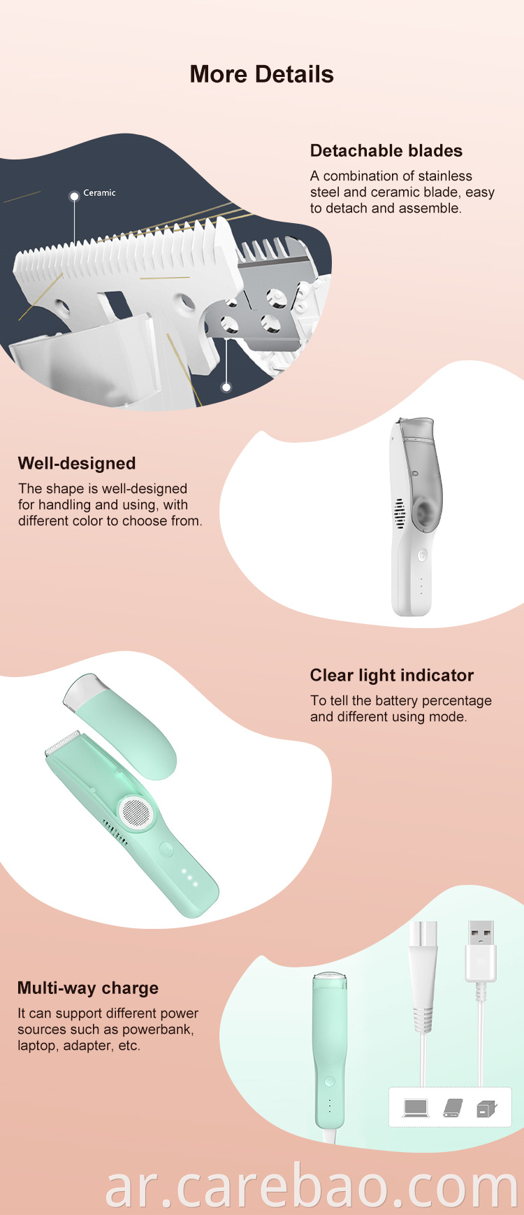 Carebao Ultra Silent Electric Baby Clipper للأطفال مع غسل كامل الجسم وشفرات الفولاذ المقاوم للصدأ قابلة للفصل